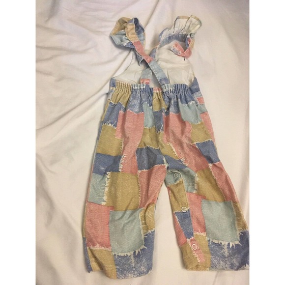 Vintage Pink Blue Ruffle Sleeve Cotton Long Overalls Romper 18 Months THOMAS - Picture 7 of 10